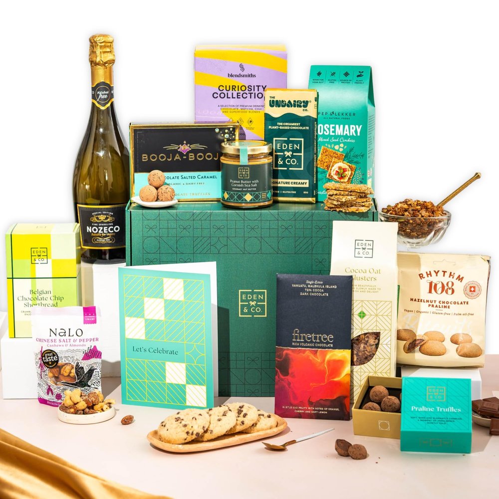 Vegan Hamper with Truffles & Hot Chocolate Set, Perfect Family Hamper for Sharing, Congratulations Gift Hamper for Her by EDEN & CO