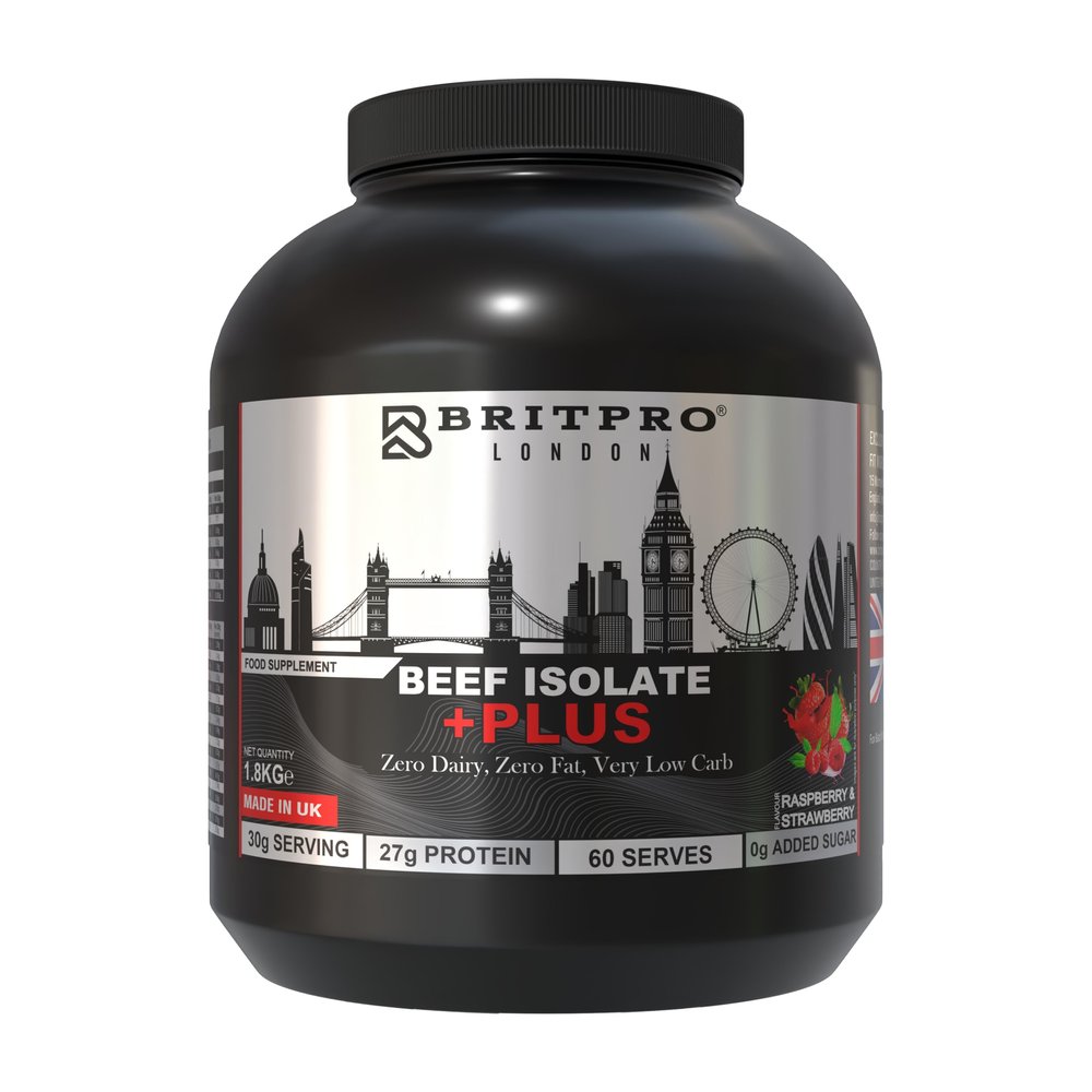 BRITPRO - Beef Protein Isolate Plus, 1.8KG - Raspberry Strawberry Flavour - 90% Protein Concentration, 27g Protein - No Added Sugar, Zero Fat, Dairy Free - Muscle Recovery - Made in UK