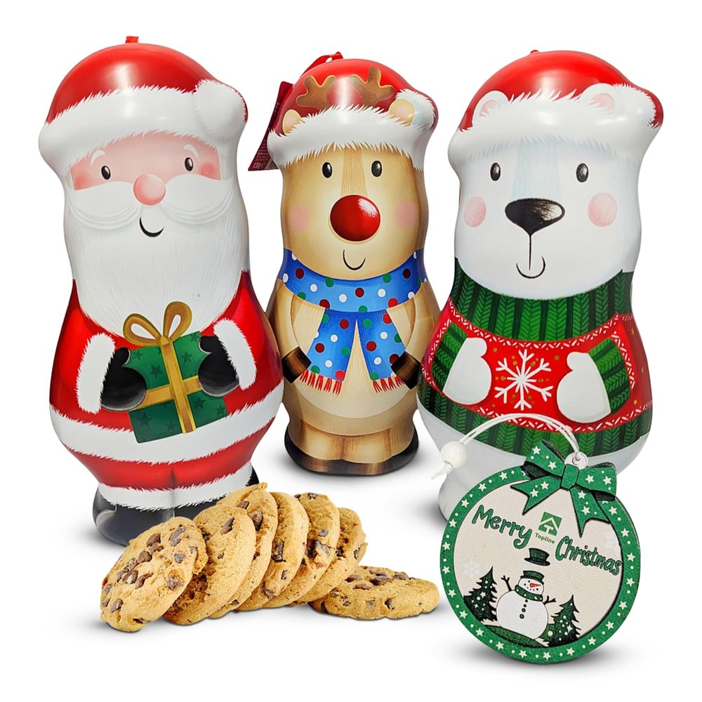 Christmas Character Shortbread Biscuit Tin - Randomly Selected 1 x 135g Santa, Reindeer or Polar Beer Tins Filled Choc Chip Cookies & Topline Tree Ornament. Great for Christmas Gifts, Stocking Fillers