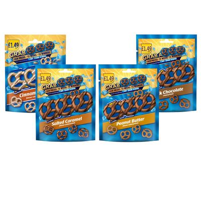 Salted Caramel,Cinnamon Bun,Peanut Butter,Milk Chocolate Flavour Coated Pretzel Snacks PMP 80g - flz - Mixed Flavours of Pretzel Snacks Bag (4 x Mixed Bags)