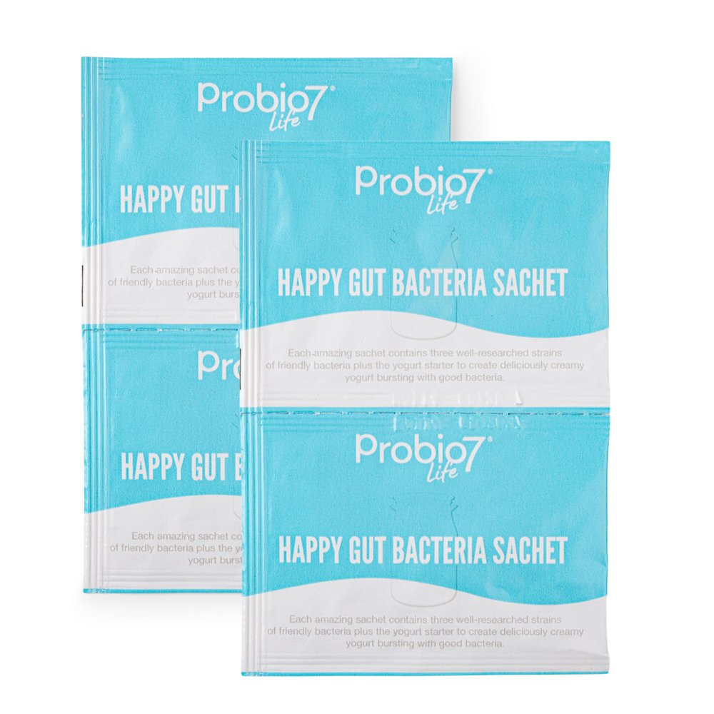 Probio7 Happy Gut - Probiotic Bacteria Yogurt Starter Culture Sachets, 3 Strains of Gut Friendly Live Bacteria, Lactobacillus Rhamnosus - Easy to Use, Gluten Free, Pack of 4 (1 Month Supply)