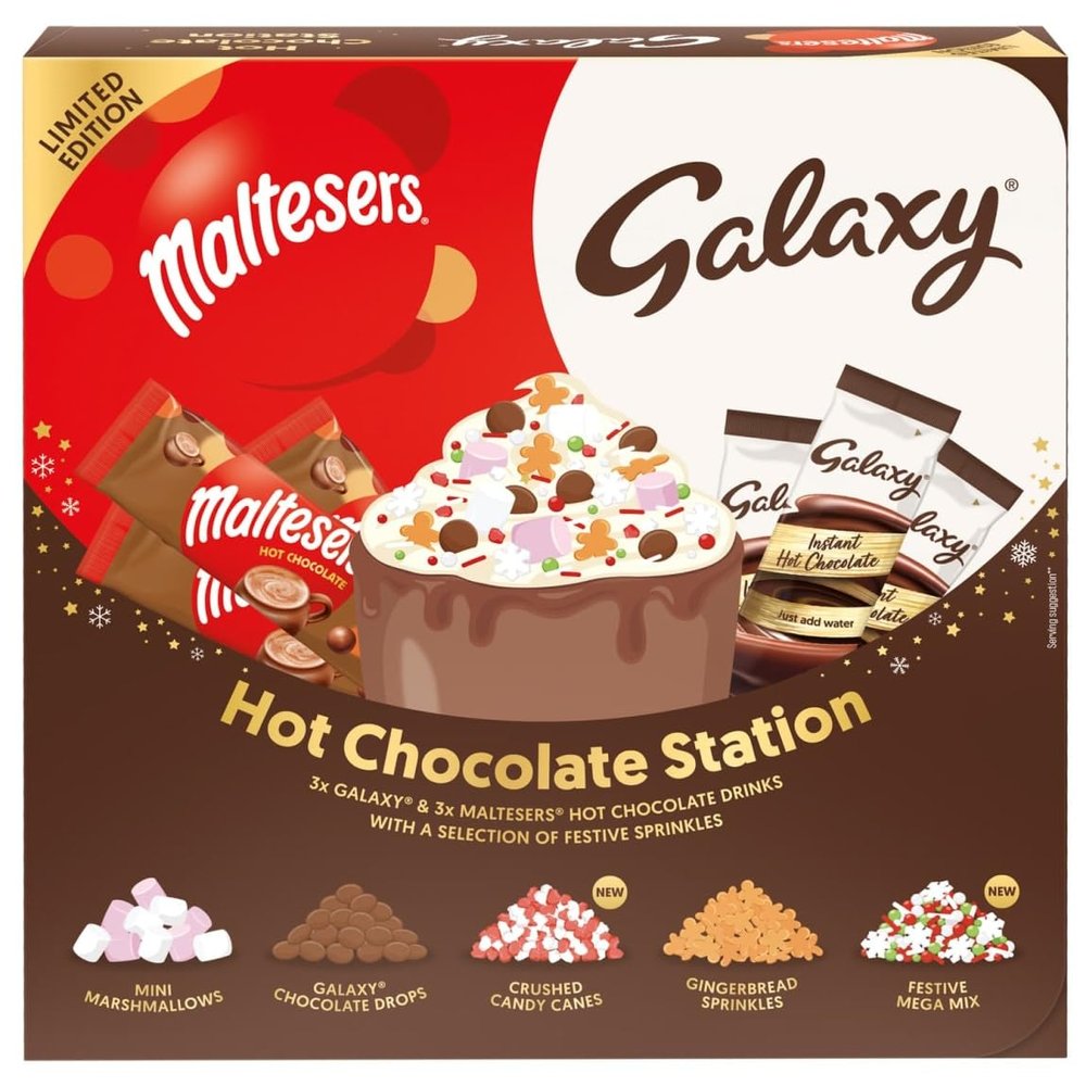 Hot drink chocolate Maltesers & Galaxy Hot Chocolate Station | Xmas Chocolate Gift Set Featuring 6 Sachets & 5 Toppings | Create Your Own Hot Chocolate Experience | Pack of 1