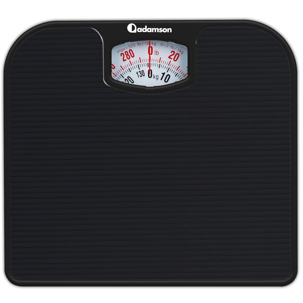 Adamson A21 Analog Scales for Body Weight - Up to 136kg - New Version - Anti-Skid Rubber Surface - Large Numbers - Analog Bathroom Scale - Affordable - Durable with 20-Year Assurance - Full Black