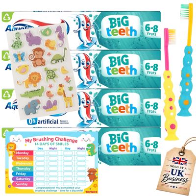Kids Toothpaste Bundle 4 Big Teeth Toothpastes, 2 Kids Toothbrushes, Brushing Reward Chart & Puffy Stickers for Children - Child Travel Toothpaste Kit for Daily Oral Health (Packaging May Vary)