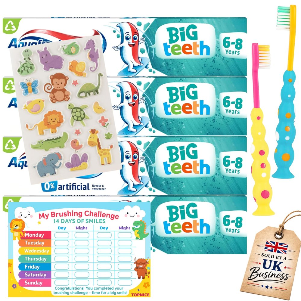 Kids Toothpaste Bundle 4 Big Teeth Toothpastes, 2 Kids Toothbrushes, Brushing Reward Chart & Puffy Stickers for Children - Child Travel Toothpaste Kit for Daily Oral Health (Packaging May Vary)