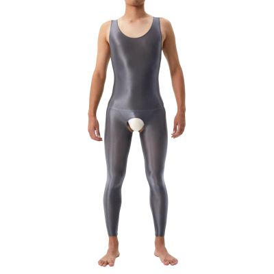 Bodysuit Men's Sexy Underwear Elastic Jumpsuit Sleeveless Undershirt Lingerie Sportwear Shiny Tights Wetlook Pyjamas Stretch Clubwear, O Grey, M