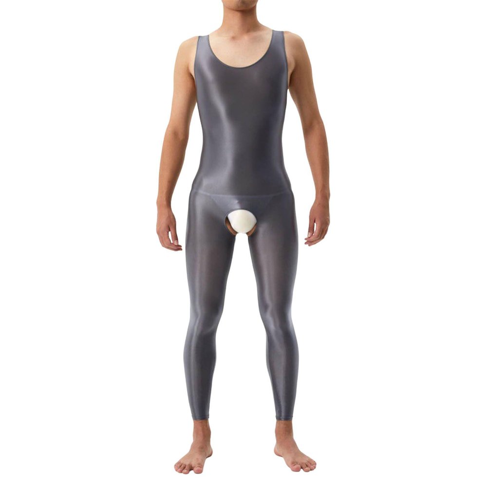Bodysuit Men's Sexy Underwear Elastic Jumpsuit Sleeveless Undershirt Lingerie Sportwear Shiny Tights Wetlook Pyjamas Stretch Clubwear, O Grey, M