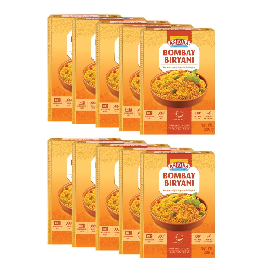 Ashoka Heat to Eat Bombay Biryani 280g x 10 | Ready to eat authentic India Biryani | Vibrant & Flavourful | 100% Vegetarian | No additives or preservatives | Kosher | Vegan