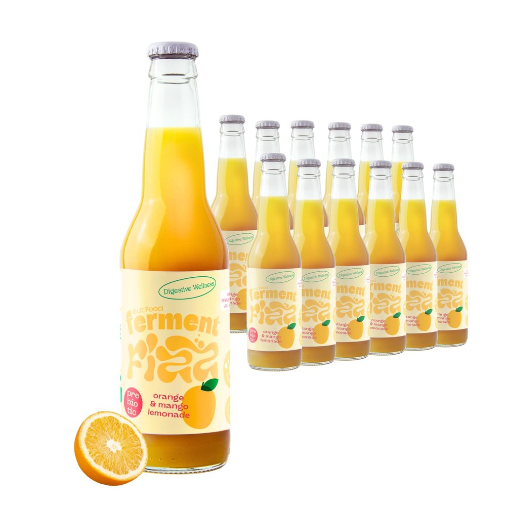 Ferment Fizz Orange & Mango - Lacto-Fermented Sparkling Lemonade - 4.5g Prebiotic Fibre - Functional Fizzy Drink with Gut Health Support - Healthy Kombucha Alternative - 12 x 330ml Glass