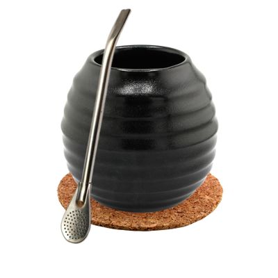 Mate Green Yerba Mate Tea Set - Ceramic Mate Mug Black 400 ml - Stainless Steel Drinking Straw Bombilla 19 cm - Handmade Ceramic Calabash - Mate Tea Ceramic Cup - Cork Pad