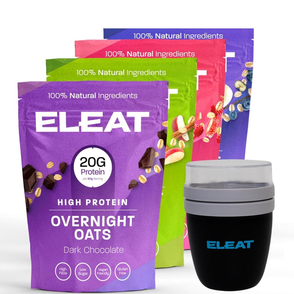 ELEAT | High Protein Overnight Oats Starter Bundle | Best Flavours Including Cereals Travel Pot | Low Sugar & High Fibre Breakfast | Vegan & Gluten Free | 4 x 400g