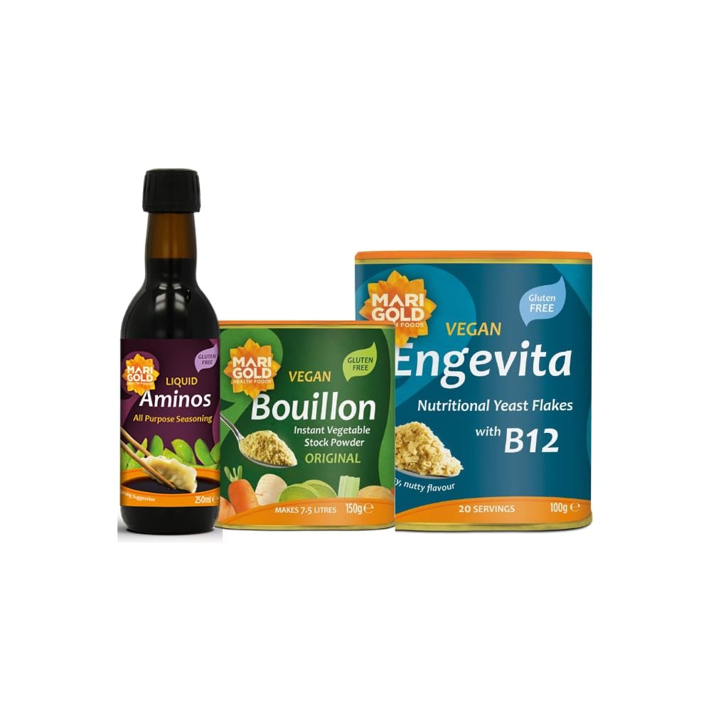 Marigold Kitchen Essentials Pack Save on Best Sellers | Nutritional Yeast Flakes with B12 100g + Vegetable Bouillon Stock Powder 150g + Liquid Aminos All-Purpose Seasoning 250ml