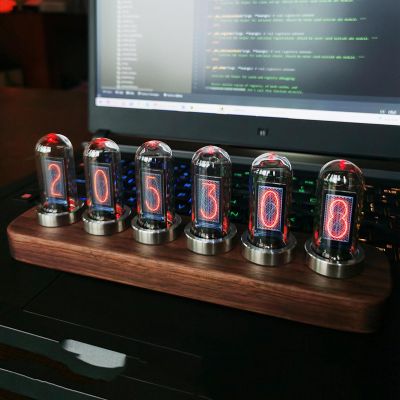 Ruiseawing Nixie Vacuum Tube Clock, Walnut Digital Clock, 12+1 Theme Watch Faces, 5 Functions, RGB Ambient Lighting, Smart Touch, 4 Controls, for Gaming Room & Office Decor