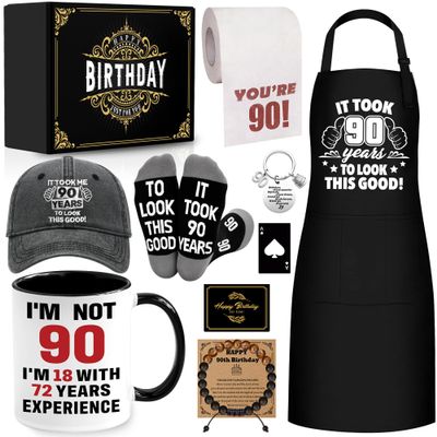 90th Birthday Gifts for Men Coffee Mug Set, 90th Birthday Party Supplies, Turning 90 Gift with 11 Oz Ceramic Cup Baseball Cap Apron Sock Bracelet Toilet Paper Keychain for Him, Dad, Husband, Friends