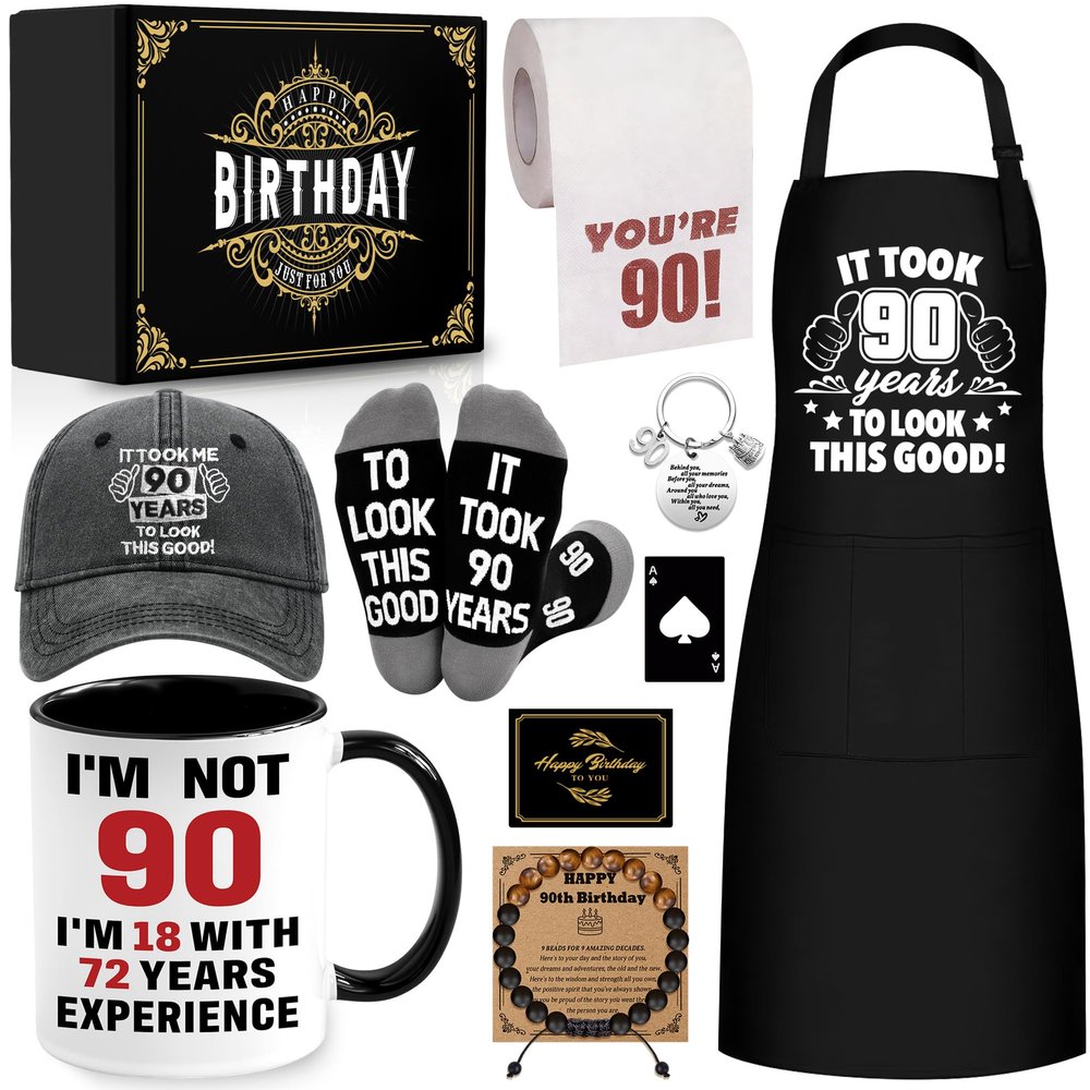 90th Birthday Gifts for Men Coffee Mug Set, 90th Birthday Party Supplies, Turning 90 Gift with 11 Oz Ceramic Cup Baseball Cap Apron Sock Bracelet Toilet Paper Keychain for Him, Dad, Husband, Friends
