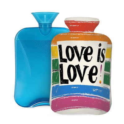 Myfsucce 2L Hot Water Bottle with Cover Love is Love Quote Print - Reusable PVC Hot Water Bag for Pain Relief, Cramps & Warmth (12.2x8in)