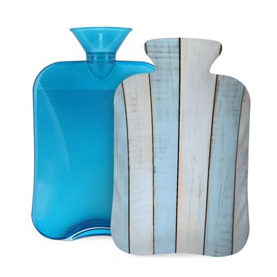 Myfsucce 2L Hot Water Bottle with Cover Blue White Wooden Print - Reusable PVC Hot Water Bag for Pain Relief, Cramps & Warmth (12.2x8in)