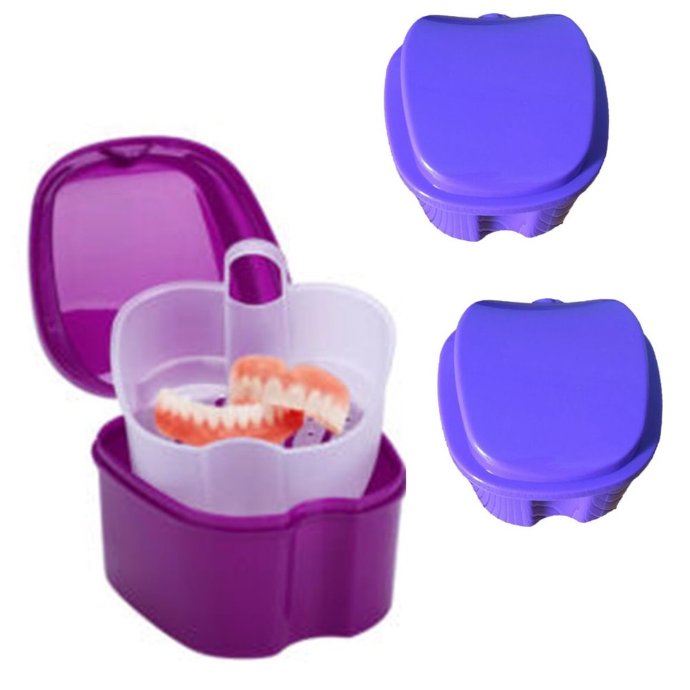 ACESOME 3Pcs Portable Retainer Case, Denture Box, 9.5X 9.5 x 6cm, False Teeth Container with Flushable Basket, PP Denture Bath Box, Retainer Box Storage for Home & Travel (Purple)