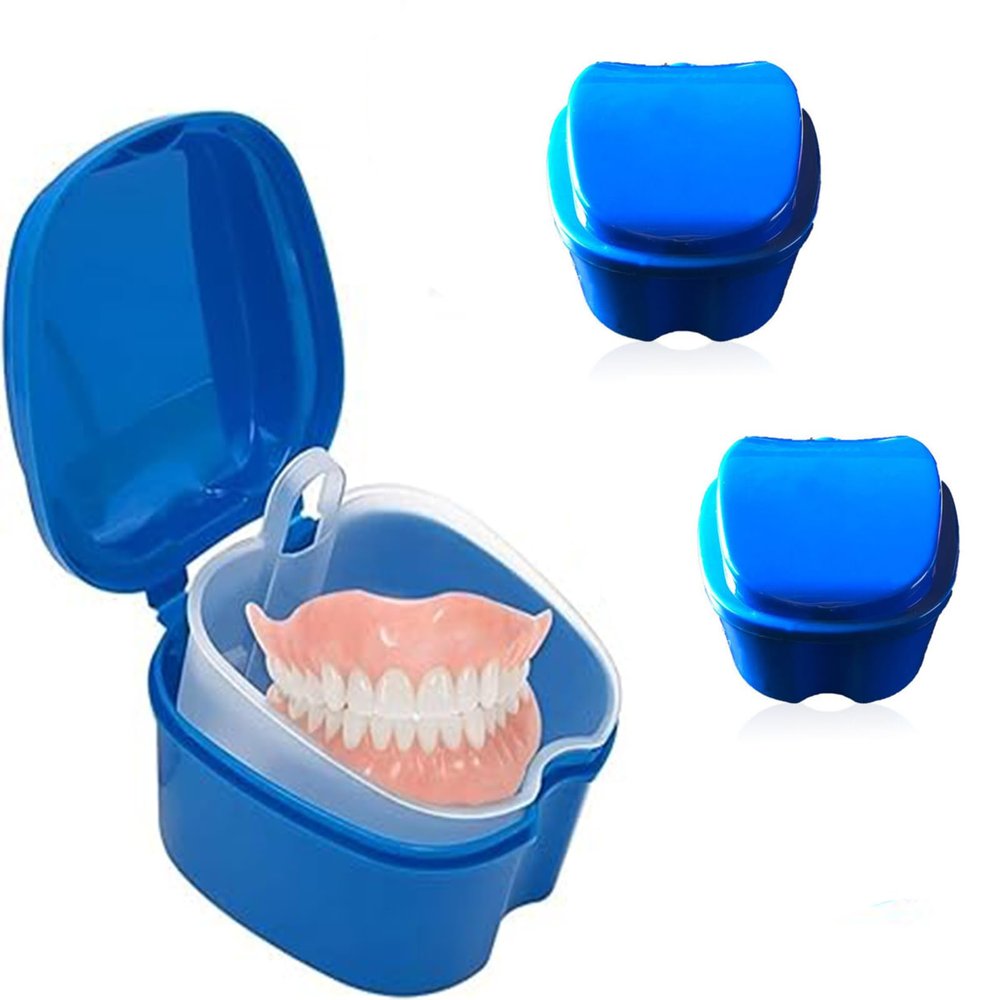 ACESOME 3Pcs Portable Retainer Case, Denture Box, 9.5X 9.5 x 6cm, False Teeth Container with Flushable Basket, PP Denture Bath Box, Retainer Box Storage for Home & Travel (Dark Blue)
