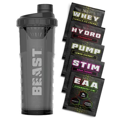 Beast Pharm Beast | Protein Shaker Bottle Sports Supplements Samples | 5 Sachets + 1000ml Shaker Gym Gift Set | Stim, Pump, Whey, Hydro and EAA