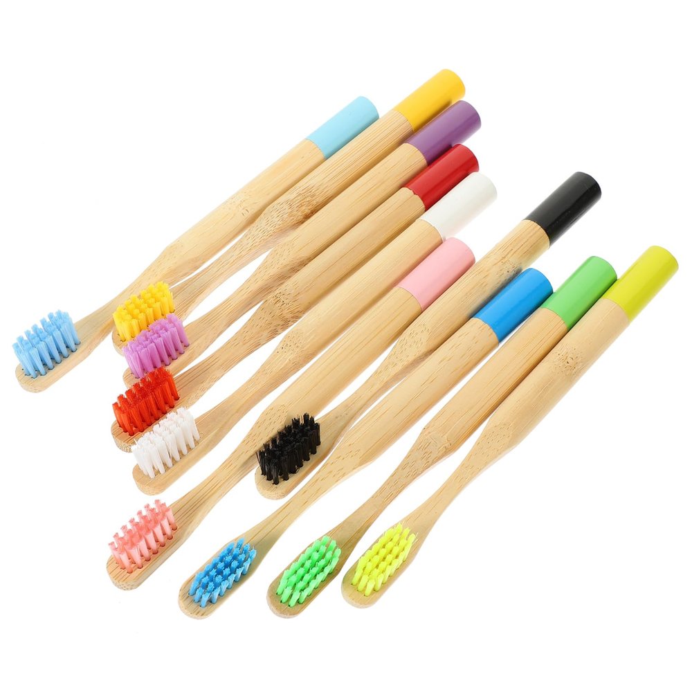 TOGEVAL 10pcs Boy Girl's Toothbrush Bamboo Soft Bristles for Boys and Girls Camping Travel Portable Use