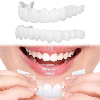 2 Pairs Instant Veneers Dentures, Cosmetic Whitening Snap on False Teeth Veneers Temporary Smile Fake Teeth, Top and Bottom Clip in Teeth Veneers for Men & Women