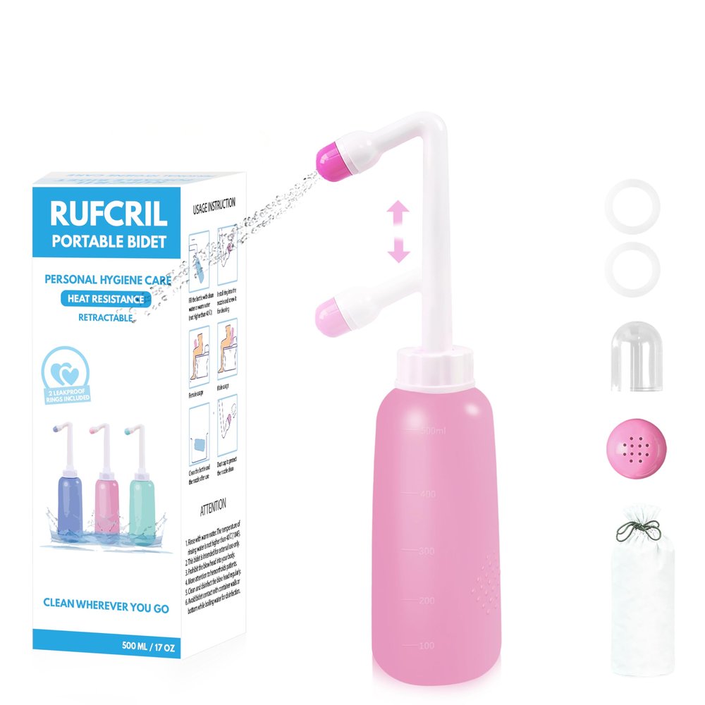 RUFCRIL Portable Bidet with Telescopic Extendable Nozzle, Travel Bidet Bottle 500ml, 2 Leak-Proof Sealing Rings, for Postpartum Perineal Care, Feminine Hygiene, Hemorrhoid Relief, Personal Cleaning
