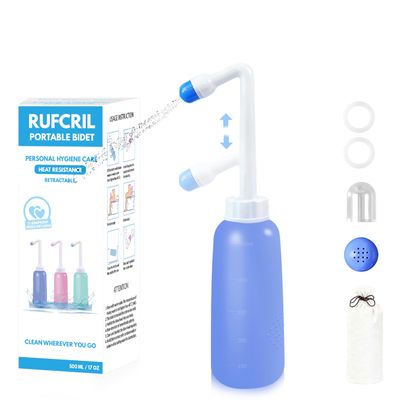 RUFCRIL Portable Bidet with Telescopic Extendable Nozzle, Travel Bidet Bottle 500ml, 2 Leak-Proof Sealing Rings, for Postpartum Perineal Care, Feminine Hygiene, Hemorrhoid Relief, Personal Cleaning