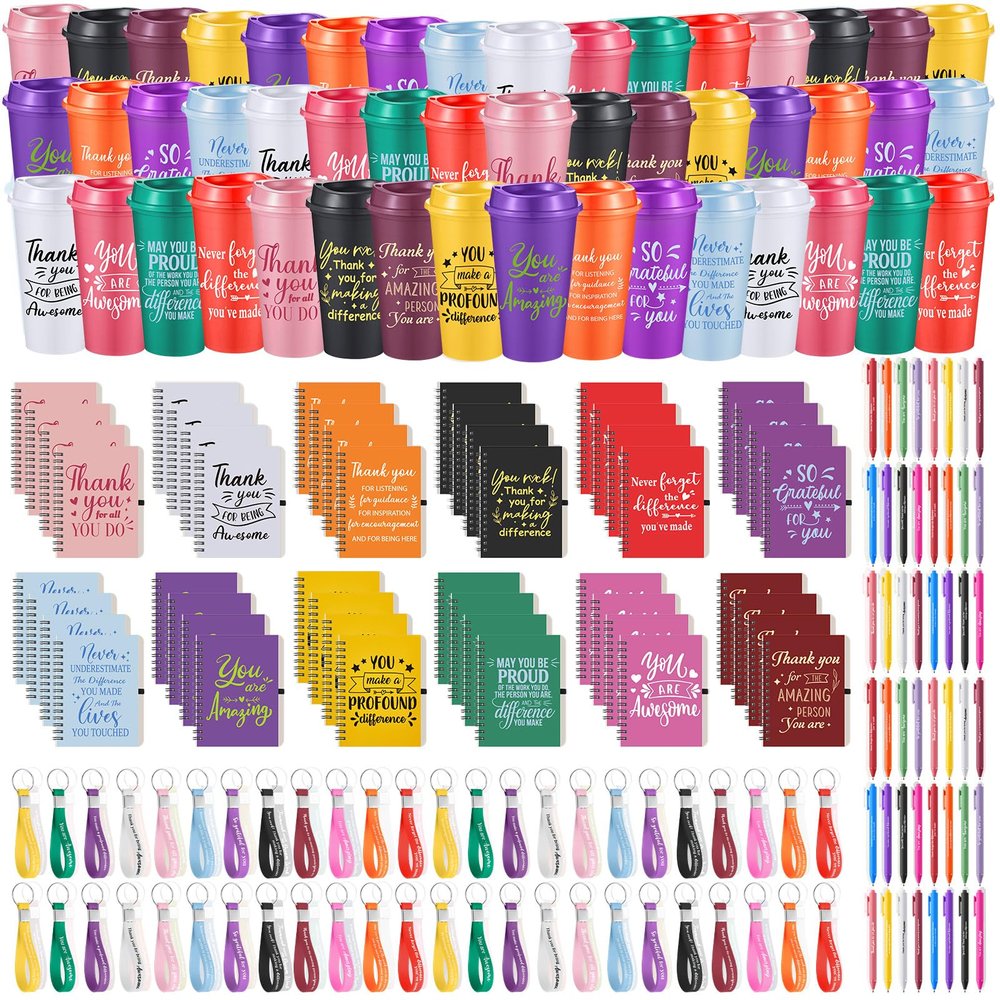 Skylety 48 Set/ 192 Pcs Employee Appreciation Gifts Bulk Thank You Inspirational Gift Set 16 oz Coffee Cups with Thank You Notebook Pen Keychain for Staff Team Teacher Coworker Friend (Classic Color)