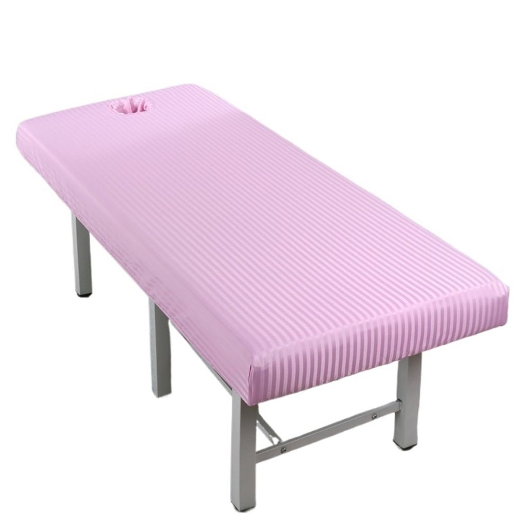 10pcs Elastic Satin Stripe Massage Table Fitted Bed Sheet Full Cover Elastic Rubber Band Massage SPA Bed Cover with Hole(Pink,185x70)