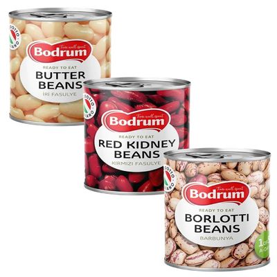 BOD-rum's Red Kidney and Butter and Borlotti Beans 400G Ready to Eat Dried Vegan GMO Free Dark Red High Fibre High Protein Product of Turkey Origin Combo Pack