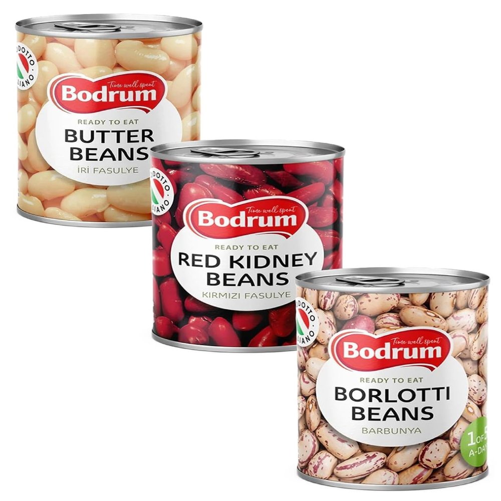 BOD-rum's Red Kidney and Butter and Borlotti Beans 400G Ready to Eat Dried Vegan GMO Free Dark Red High Fibre High Protein Product of Turkey Origin Combo Pack