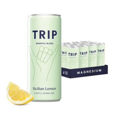 TRIP Sicilian Lemon Sparkling Drink with 120MG calming Magnesium + Lions Mane + Chamomile + Lemon Balm. Low Calorie, No Added Sugar and Vegan (Pack of 12 x 250ml)