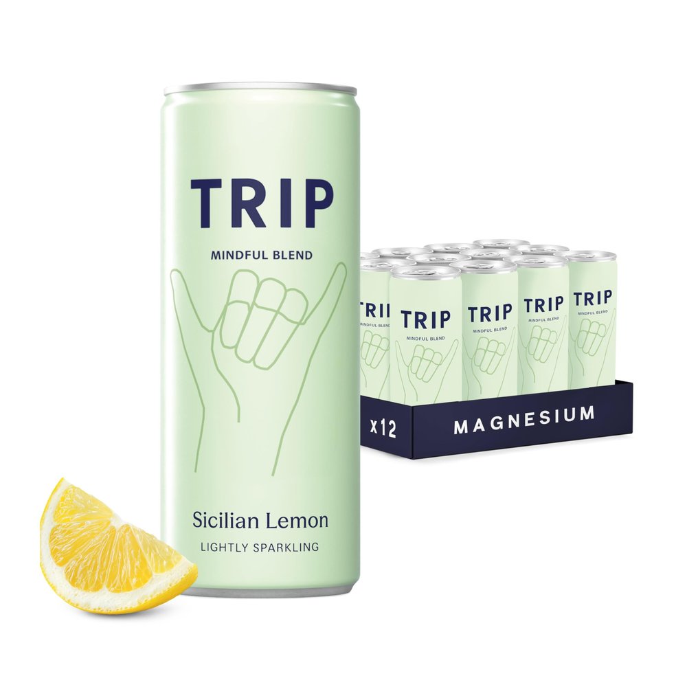 TRIP Sicilian Lemon Sparkling Drink with 120MG calming Magnesium + Lions Mane + Chamomile + Lemon Balm. Low Calorie, No Added Sugar and Vegan (Pack of 12 x 250ml)