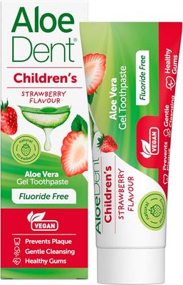 Aloe Dent - Children's Strawberry Flavour Aloe Vera Gel Toothpaste - Fluoride Free - Prevents Plague, Gentle Cleansing & Supports Healthy Gums - Vegan, Cruelty & SLS Free - 50ml - 3 Pack
