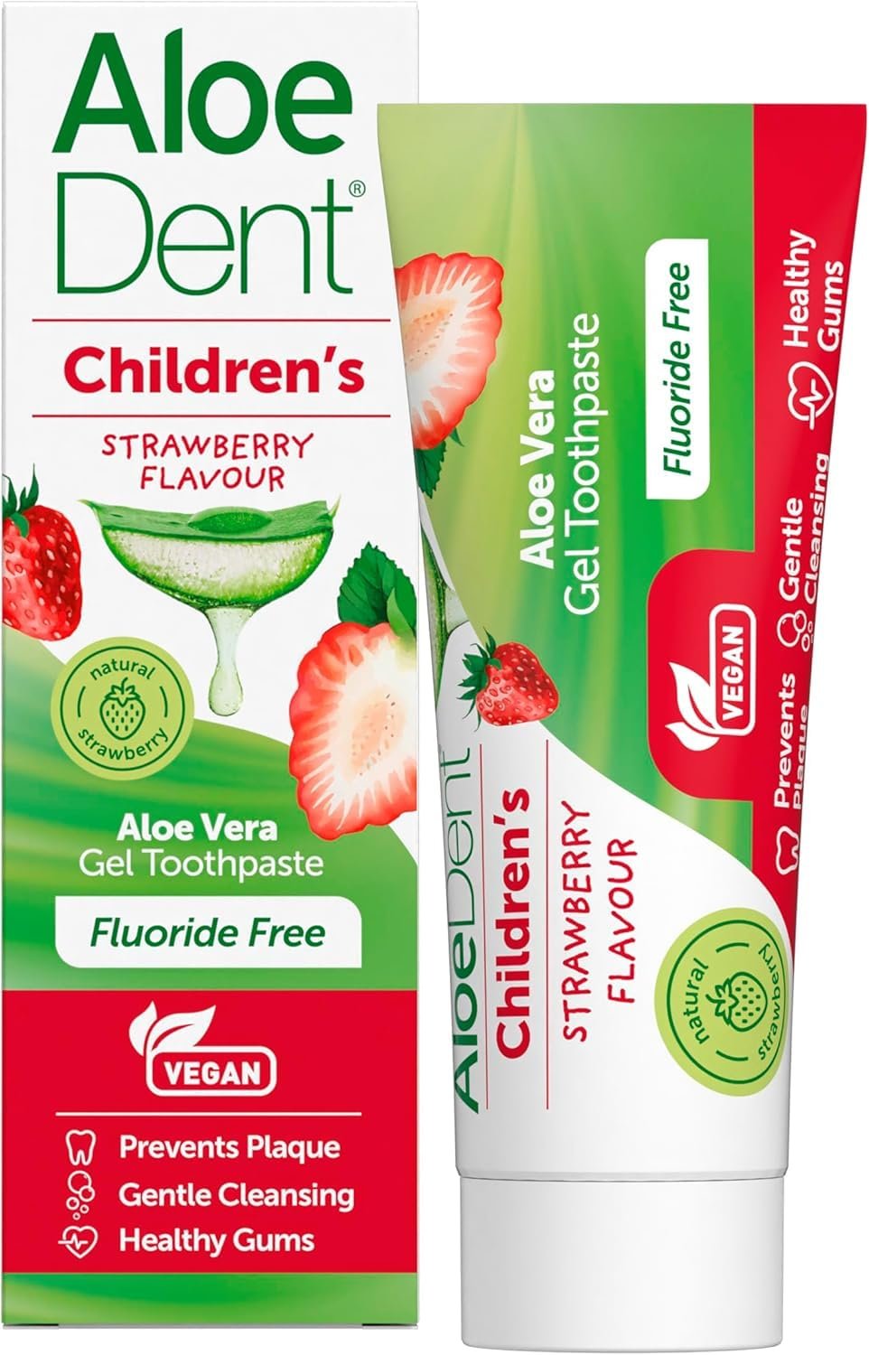 Aloe Dent - Children's Strawberry Flavour Aloe Vera Gel Toothpaste - Fluoride Free - Prevents Plague, Gentle Cleansing & Supports Healthy Gums - Vegan, Cruelty & SLS Free - 50ml - 3 Pack