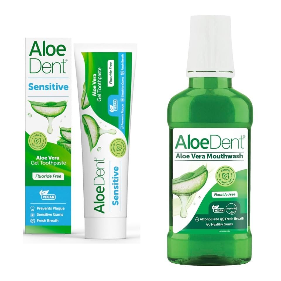 Aloe Dent - Sensitive Aloe Vera Gel Toothpaste & Mouthwash - Fluoride Free - Prevents Plaque, Supports Sensitive Gums & Freshens Breath - Vegan, Cruelty & SLS Free - 100ml & 250ml