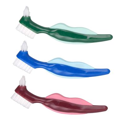 HANABASS 3pcs Dual-Head Hard Bristle Denture Cleaning Brush for False Teeth Care Angled Heads Toothbrushes in Red Green Blue for Plaque Removal