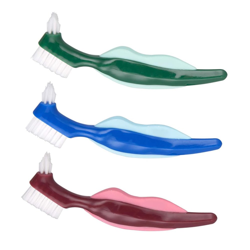 HANABASS 3pcs Dual-Head Hard Bristle Denture Cleaning Brush for False Teeth Care Angled Heads Toothbrushes in Red Green Blue for Plaque Removal