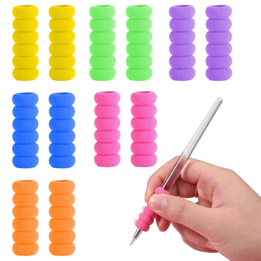 12 Pcs Foam Soft Pencil Grips, Pencil Grips for Children, Foam Ballpoint Pen Grip Soft Cushioned Holder for Handwriting Home School Office(6 Colours)