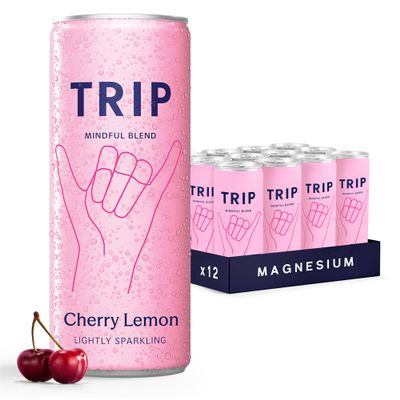 TRIP Cherry Lemon Sparkling Drink with 120MG calming Magnesium + Lions Mane + Chamomile + Lemon Balm. Low Calorie, No Added Sugar and Vegan (Pack of 12 x 250ml)