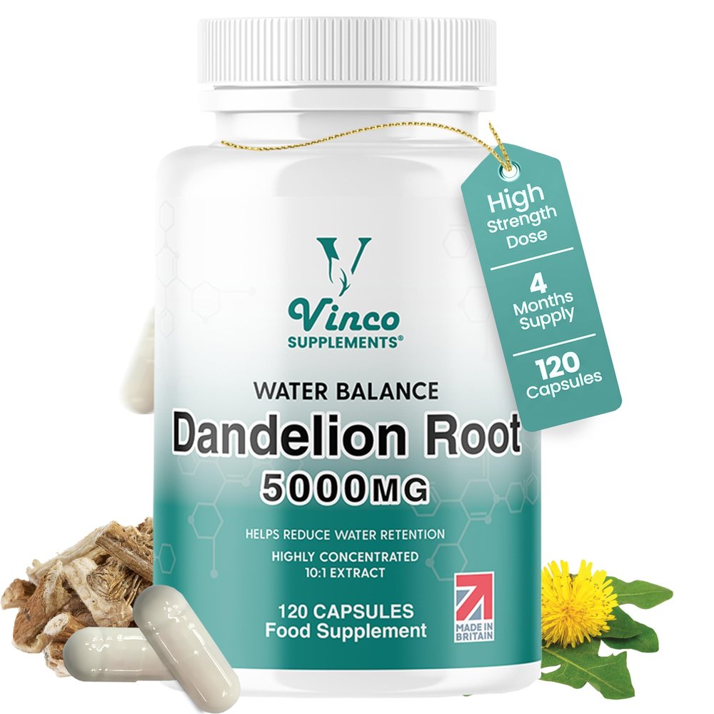 Vinco Dandelion Root Capsules 5000mg - 120 Vegan Capsules (4-Month Supply) - High Strength Herbal Supplement for Bloating & Detox - Water Retention Tablets - Natural Water Balance Support
