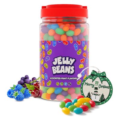 Assorted Flavour Jelly Bean Jar - Resealable 908g Fruit Flavoured Jelly Beans with Topline Tree Ornament. Chewy Jelly Sweets for Kids, Adults. Great for Christmas Birthday Party, Movie Nights
