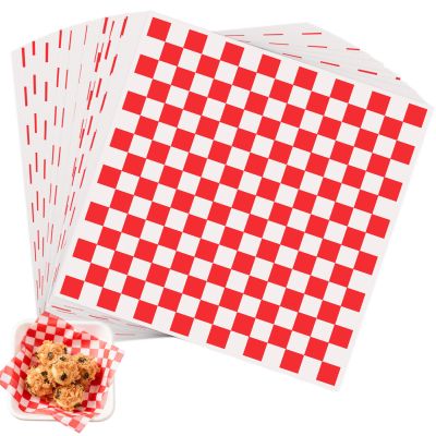 100pcs Waxed Deli Paper Sheets, 7x7" Food Basket Liners for Sandwiches, Burgers. Classic Checkered Deli Wrap Wax Paper Sheets by Neyimqr (Red)