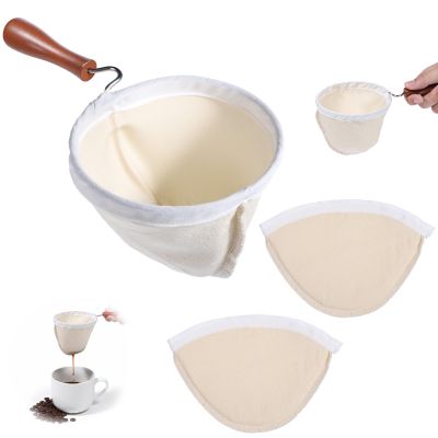 3PCS Coffee Sock Strainer with Wooden Handle, Washable Cloth Coffee Filter, Reusable Coffees Sock Filter for Coffees Shop Home Office Handmade