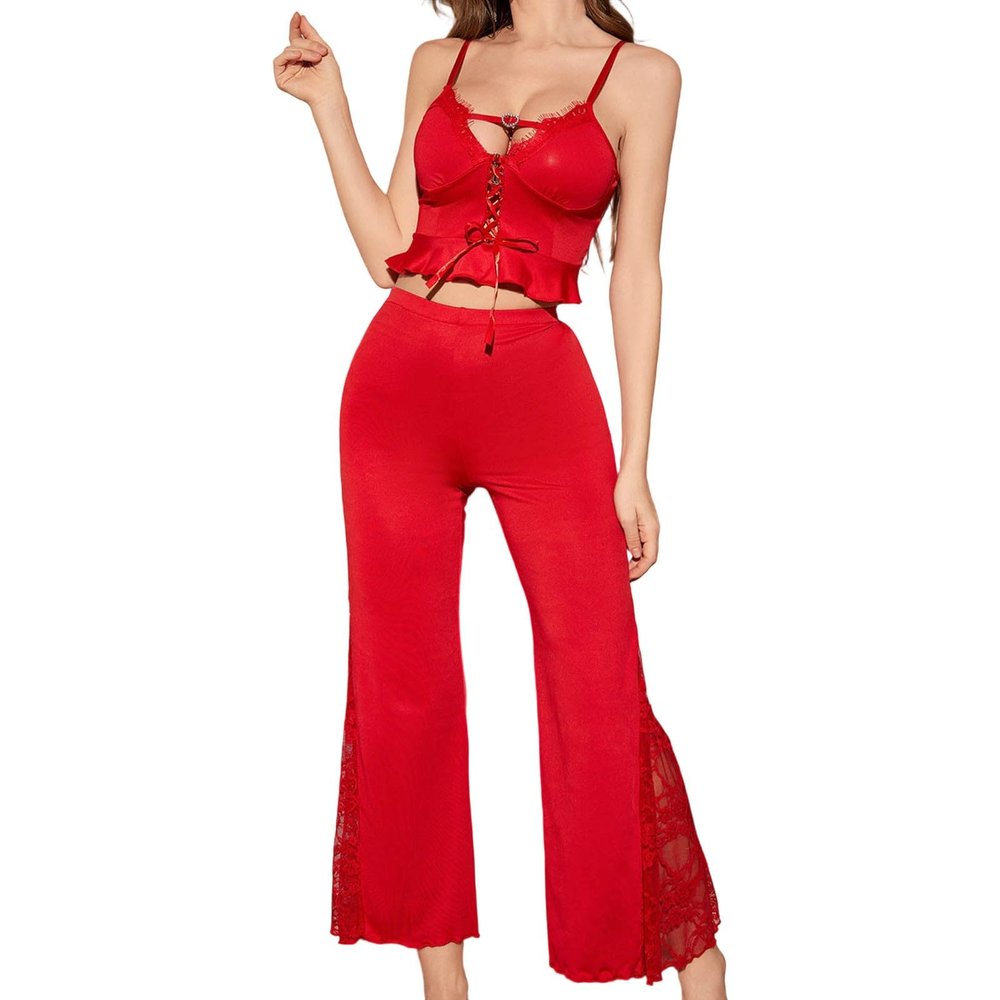Generisch Women's Lingerie Set with Lace and Lacing, Two Piece Cami Top and Flared Trousers, Seductive Sleepwear for Special Evenings, style_u02 red, XL