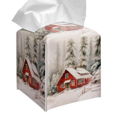 Grace Yonks Winter Tissue Box Cover Square, Red Cabin in Snow Forest Design Cube Case for Facial Tissues, 5.2" PU Leather. (092)