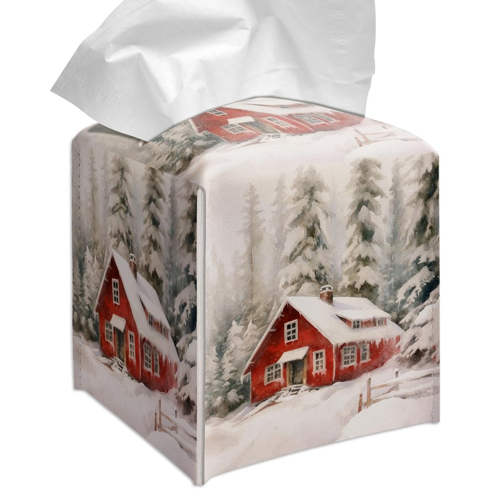 Grace Yonks Winter Tissue Box Cover Square, Red Cabin in Snow Forest Design Cube Case for Facial Tissues, 5.2" PU Leather. (092)
