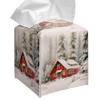 Grace Yonks Winter Tissue Box Cover Square, Red Cabin in Snow Forest Design Cube Case for Facial Tissues, 5.2" PU Leather. (092) view 1