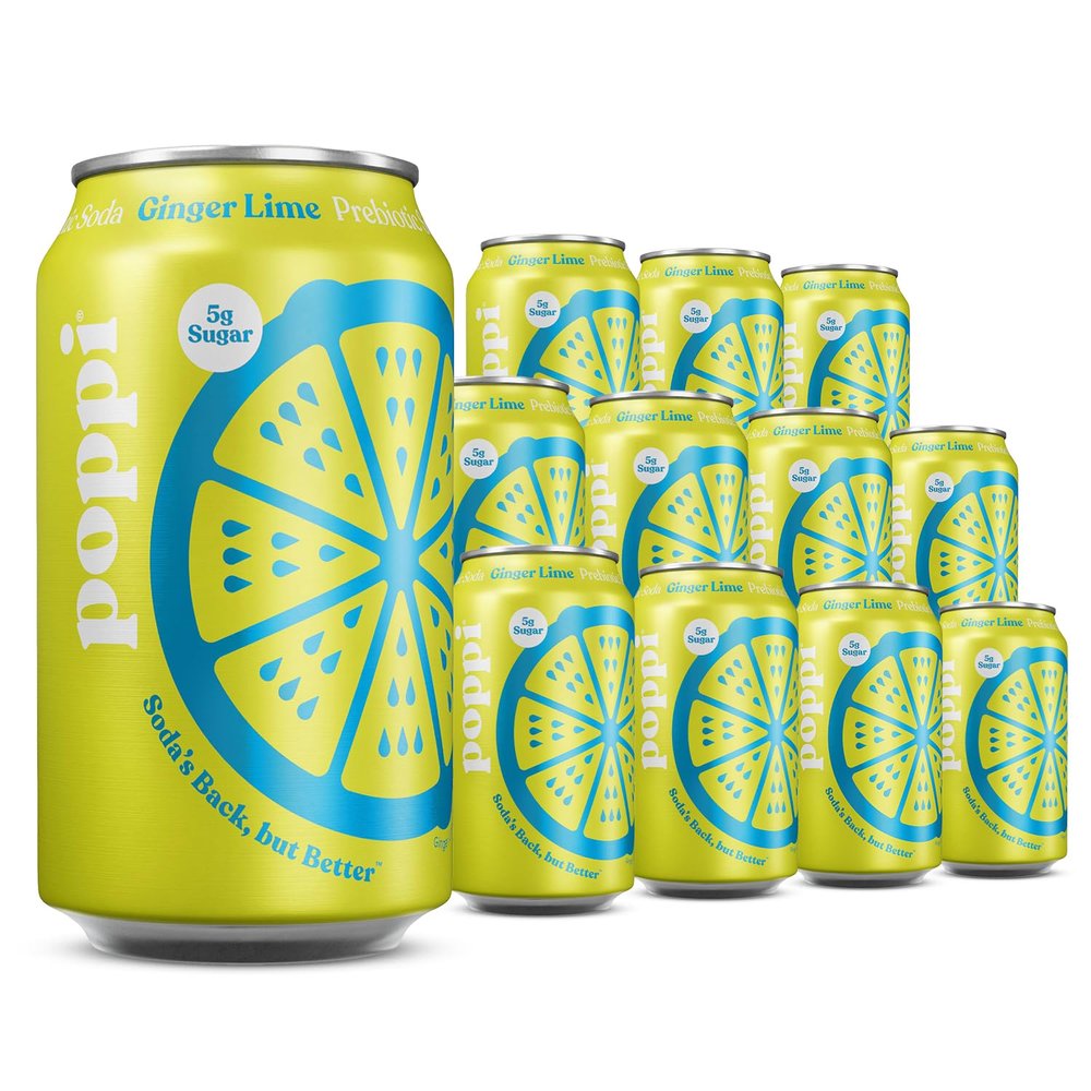 Broadway Candy Poppi Ginger Lime Sparkling Prebiotic Soda 12 fl oz Pack of 12 Refreshing Low Sugar Drink with Apple Cider Vinegar - 5g Sugar, 30 Calories, Gut Health Support